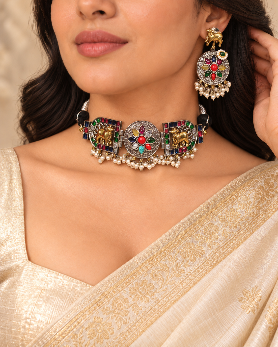 Animal Panel Dual Tone Choker Set - Multicolour — AI-styled model view — earlier image retained