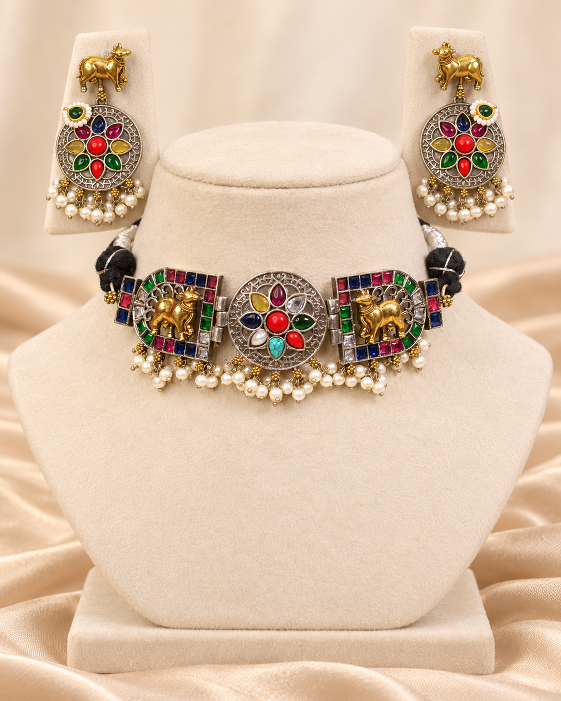 Animal Panel Dual Tone Choker Set - Multicolour — AI-styled mannequin view — earlier image retained