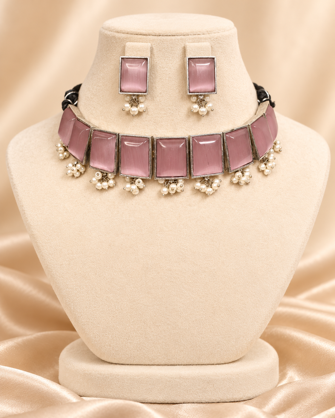 Rectangular Stone Pearl-Style Fringe Choker Set - Pink — AI-styled mannequin view — earlier image retained