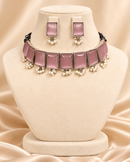 Rectangular Stone Pearl-Style Fringe Choker Set - Pink — AI-styled mannequin view — earlier image retained
