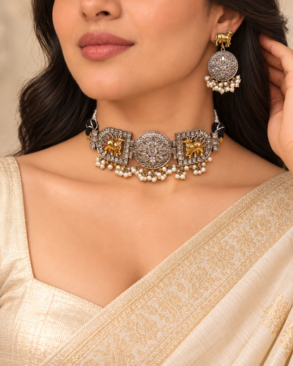 Animal Panel Dual Tone Choker Set - Clear — AI-styled model view — earlier image retained