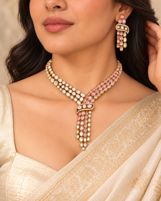 Y Shaped Clear Stone Necklace Set - Pink — AI-styled model view — earlier image retained