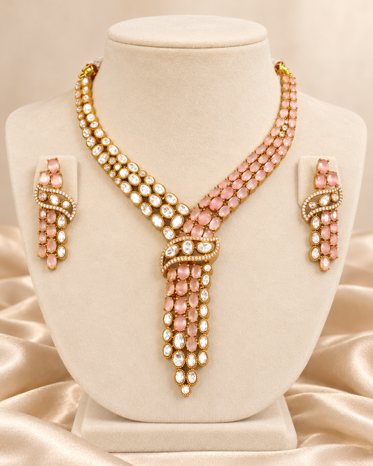 Y Shaped Clear Stone Necklace Set - Pink — AI-styled mannequin view — earlier image retained