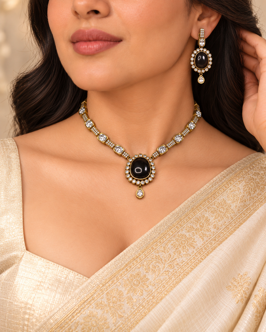 Oval Stone Drop Necklace Set - Black and Clear — AI-styled model view — earlier image retained