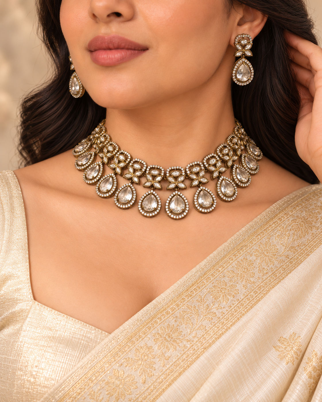Layered Clear Teardrop Collar Necklace Set - Clear — AI-styled model view — earlier image retained