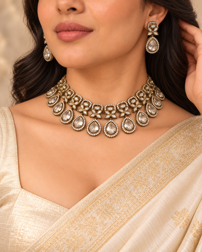 Layered Clear Teardrop Collar Necklace Set - Clear — AI-styled model view — earlier image retained