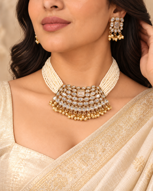 Multi-Strand Pearl-Style Bead Bib Necklace Set - Clear — AI-styled model view — earlier image retained