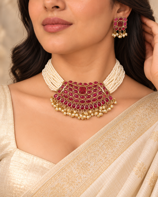 Multi-Strand Pearl-Style Bead Bib Necklace Set - Ruby - model view — earlier image retained