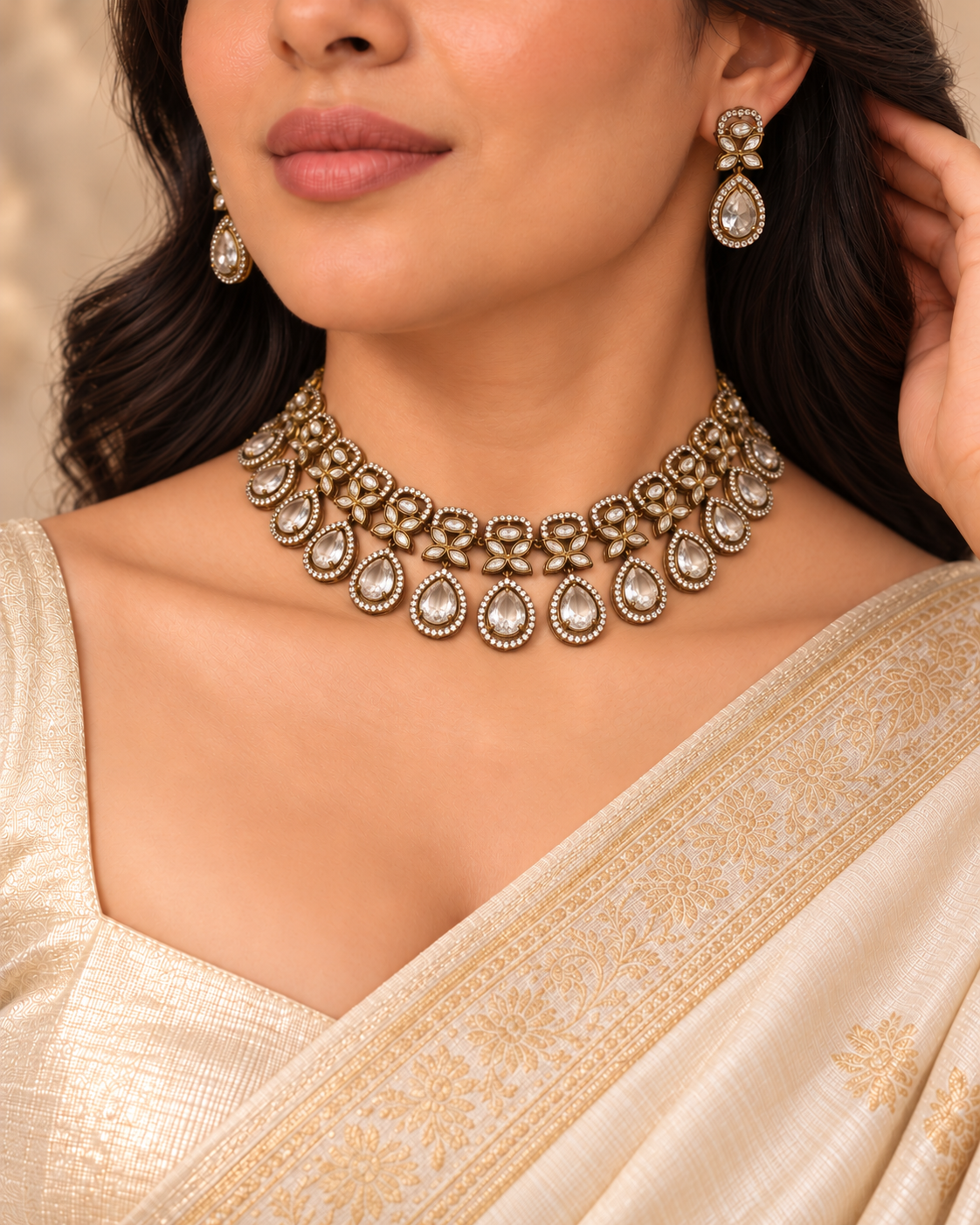 Layered Clear Teardrop Collar Necklace Set - Clear — AI-styled model view — earlier image retained