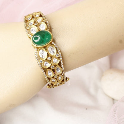 Royal Antique Polki Kada with Emerald Green Stone