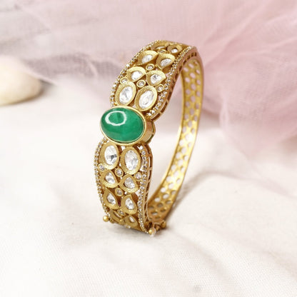 Royal Antique Polki Kada with Emerald Green Stone