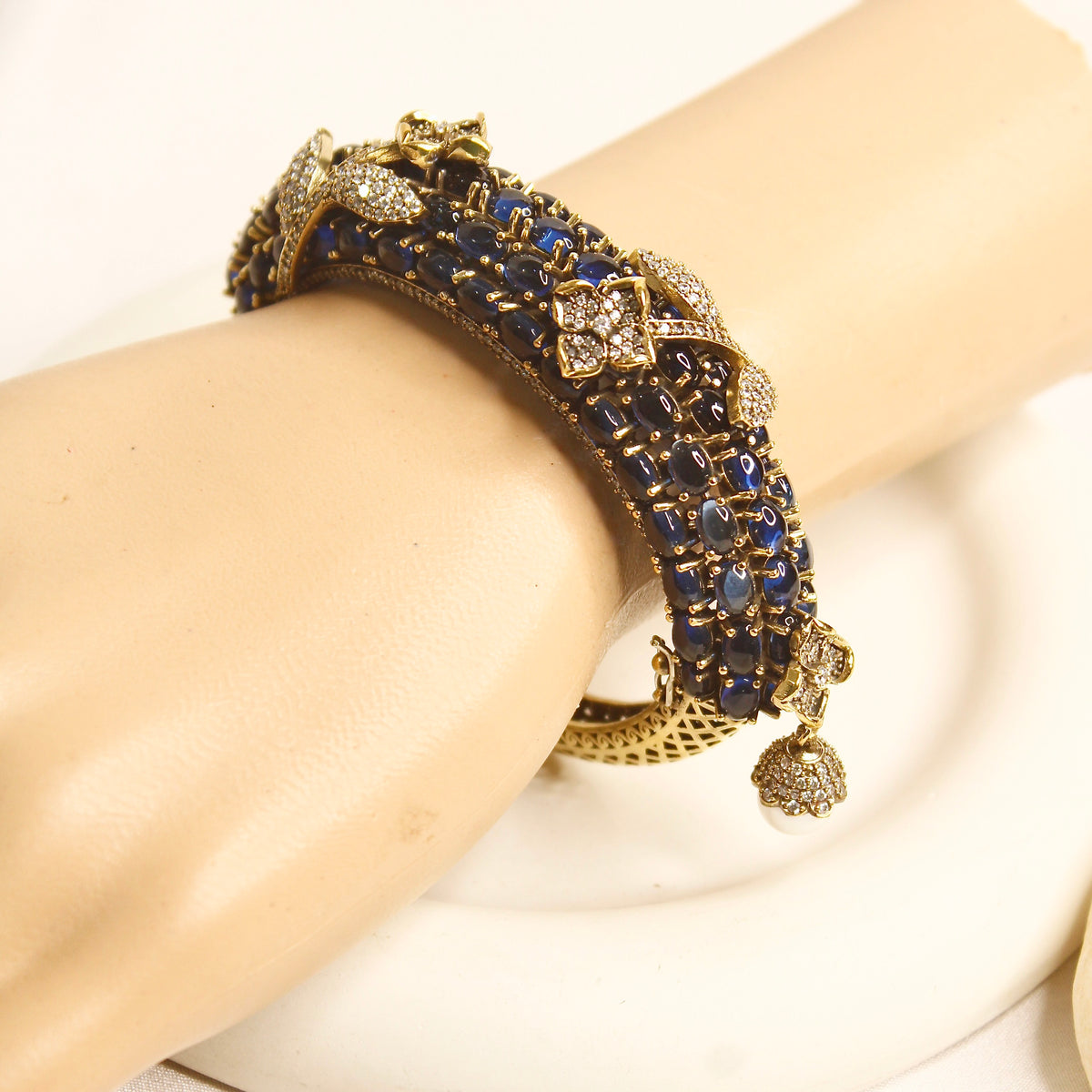 Royal Blue Beaded Leaf Motif Layered Kada – product view 19