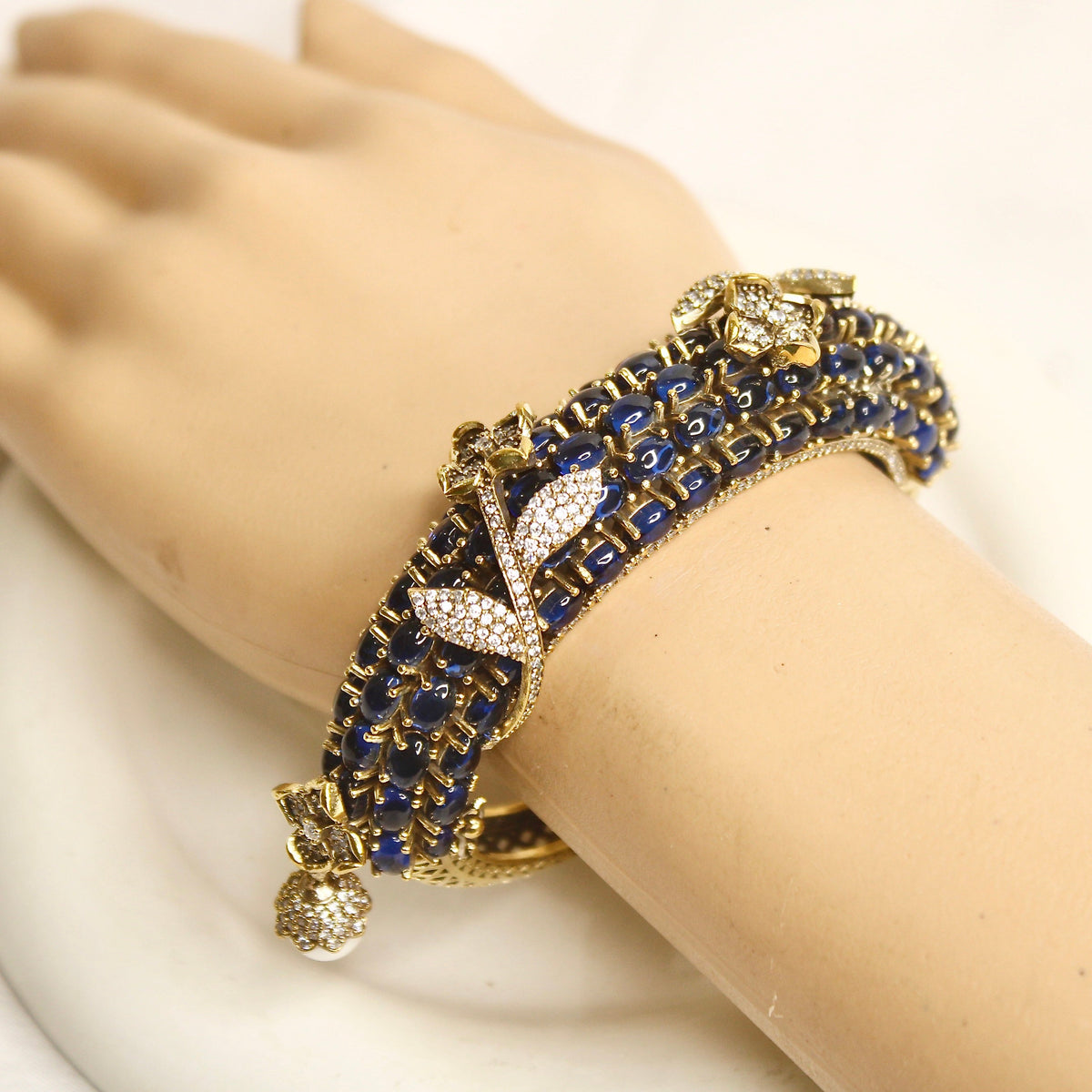 Royal Blue Beaded Leaf Motif Layered Kada – wrist view