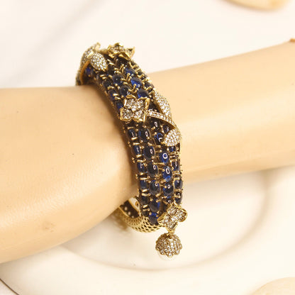 Royal Blue Beaded Leaf Motif Layered Kada – wrist view