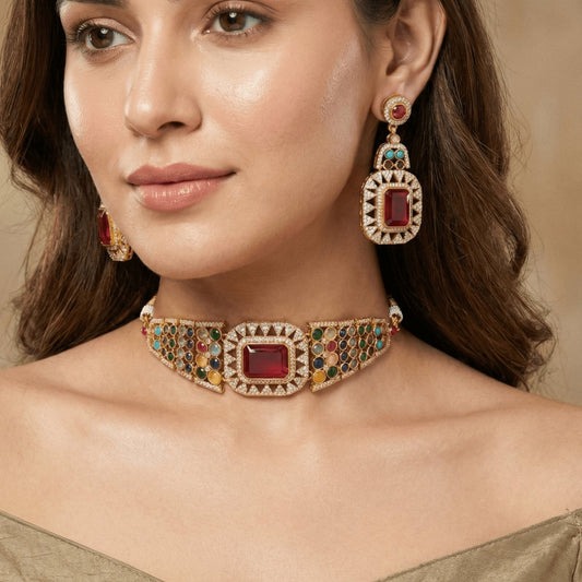 Royal Multi-Stone Ruby Choker Necklace Set – Handcrafted Gold-Plated Bridal Jewellery