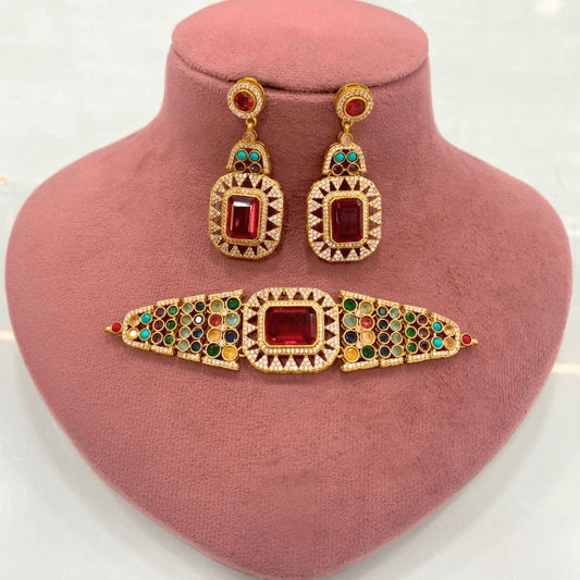 Royal Multi-Stone Ruby Choker Necklace Set – Handcrafted Gold-Plated Bridal Jewellery