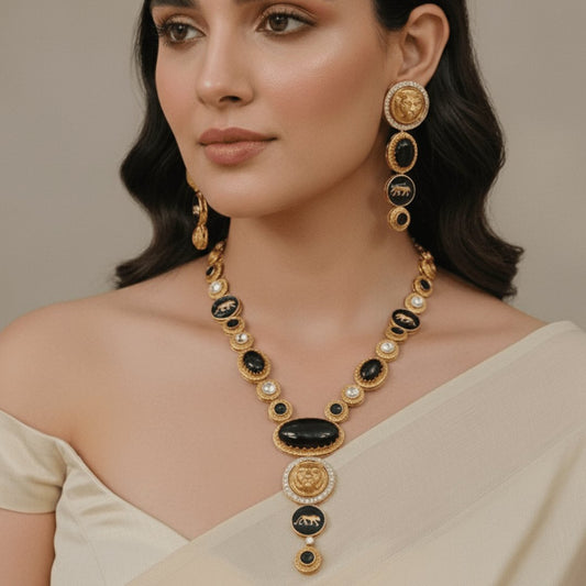Royal Panther Black Long Necklace Set – Handcrafted Gold-Plated Heritage Jewellery