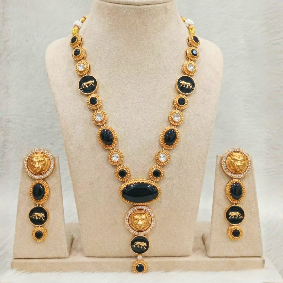 Royal Panther Black Long Necklace Set – Handcrafted Gold-Plated Heritage Jewellery