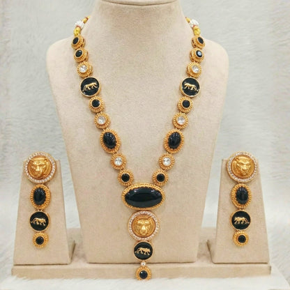 Royal Panther Black Long Necklace Set – Handcrafted Gold-Plated Heritage Jewellery