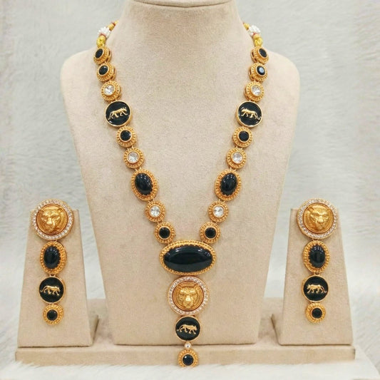 Royal Panther Black Long Necklace Set – Handcrafted Gold-Plated Heritage Jewellery