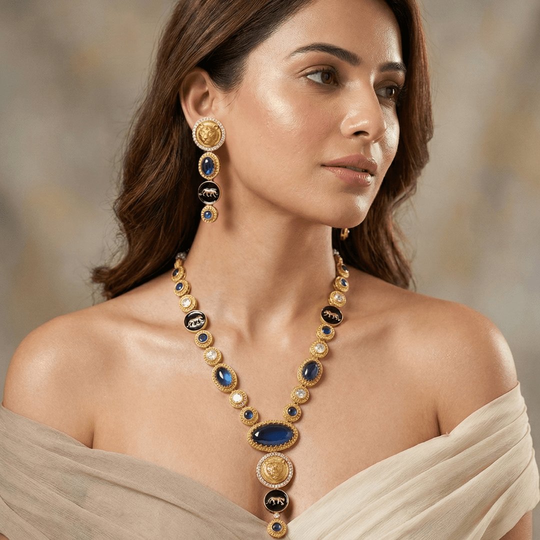 Royal Panther Blue Long Necklace Set – Handcrafted Gold-Plated Heritage Jewellery