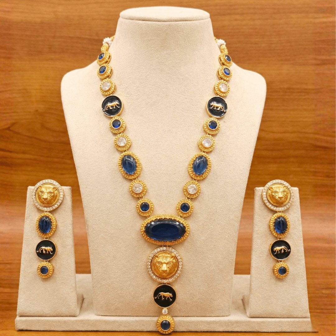 Royal Panther Blue Long Necklace Set – Handcrafted Gold-Plated Heritage Jewellery