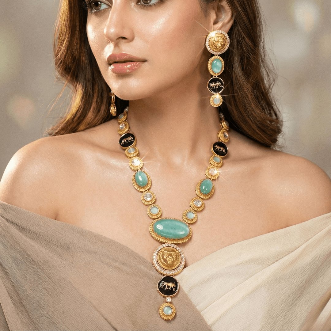 Royal Panther Mint Green Long Necklace Set – Handcrafted Gold-Plated Heritage Jewellery