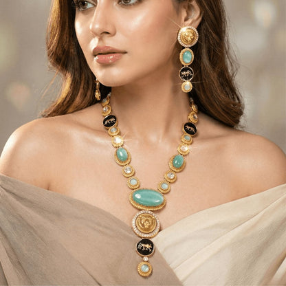 Royal Panther Mint Green Long Necklace Set – Handcrafted Gold-Plated Heritage Jewellery