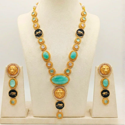 Royal Panther Mint Green Long Necklace Set – Handcrafted Gold-Plated Heritage Jewellery