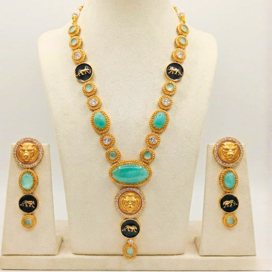 Royal Panther Mint Green Long Necklace Set – Handcrafted Gold-Plated Heritage Jewellery
