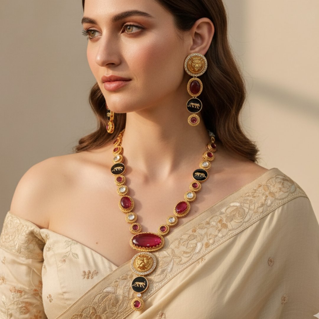 Royal Panther Ruby Red Long Necklace Set – Handcrafted Gold-Plated Heritage Jewellery