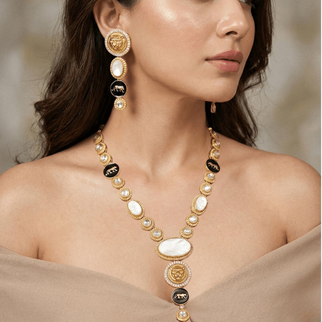 Royal Panther White Mother-of-Pearl Long Necklace Set – Handcrafted Gold-Plated Heritage Jewellery