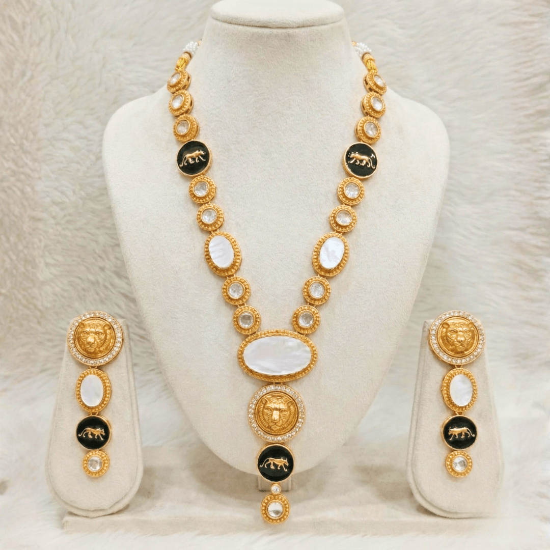 Royal Panther White Mother - of - Pearl Long Necklace Set – Handcrafted Gold - Plated Heritage Jewellery