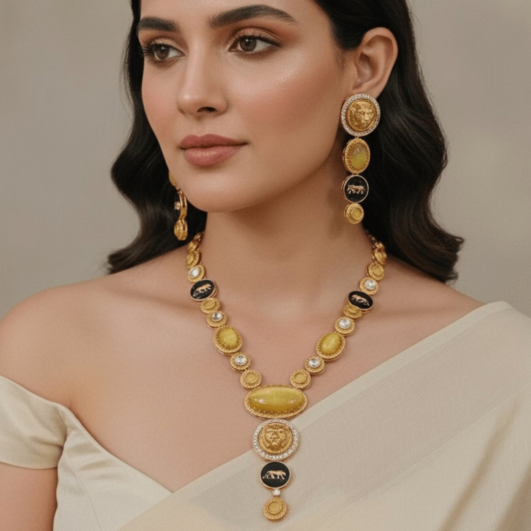 Royal Panther Yellow Long Necklace Set – Handcrafted Gold-Plated Heritage Jewellery