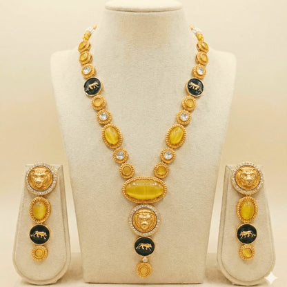 Royal Panther Yellow Long Necklace Set – Handcrafted Gold-Plated Heritage Jewellery