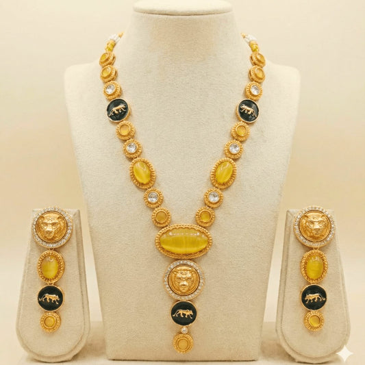 Royal Panther Yellow Long Necklace Set – Handcrafted Gold-Plated Heritage Jewellery