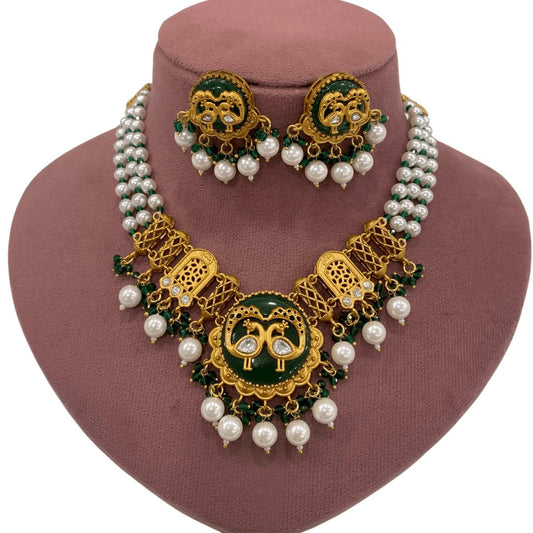 Royal Peacock Choker Set – Emerald Green Enamel with Pearl Dro