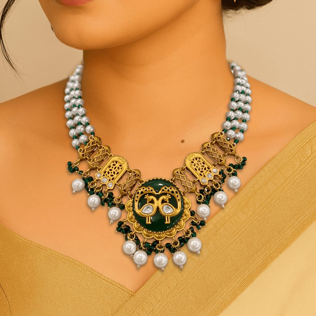 Royal Peacock Choker Set – Emerald Green Enamel with Pearl Dro