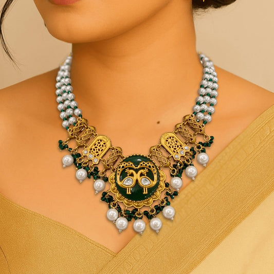 Royal Peacock Choker Set – Emerald Green Enamel with Pearl Dro
