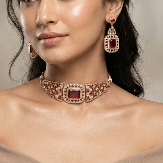 Royal Ruby Radiance Choker Necklace Set – Gold-Plated, Handcrafted Bridal Jewellery