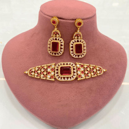 Royal Ruby Radiance Choker Necklace Set – Gold-Plated, Handcrafted Bridal Jewellery
