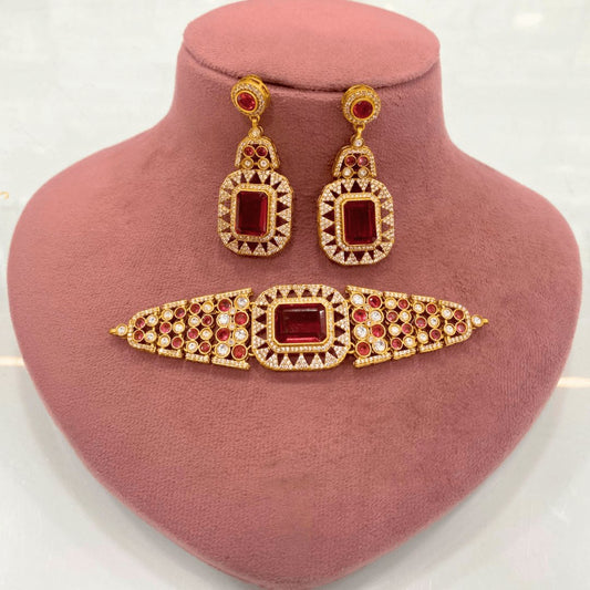 Royal Ruby Radiance Choker Necklace Set – Gold-Plated, Handcrafted Bridal Jewellery