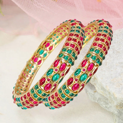 RUBY- EMARALD NAGINA BANGLES-GOLDEN FINISH-SET OF 2