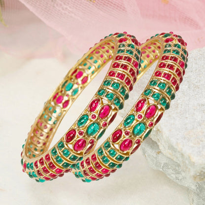 RUBY- EMARALD NAGINA BANGLES-GOLDEN FINISH-SET OF 2