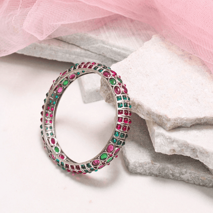 RUBY - EMARALD NAGINA BANGLES - SILVER FINISH - SET OF 2