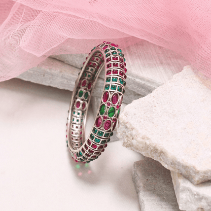 RUBY - EMARALD NAGINA BANGLES - SILVER FINISH - SET OF 2