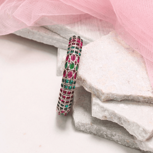 RUBY - EMARALD NAGINA BANGLES - SILVER FINISH - SET OF 2