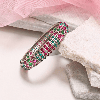 RUBY - EMARALD NAGINA BANGLES - SILVER FINISH - SET OF 2
