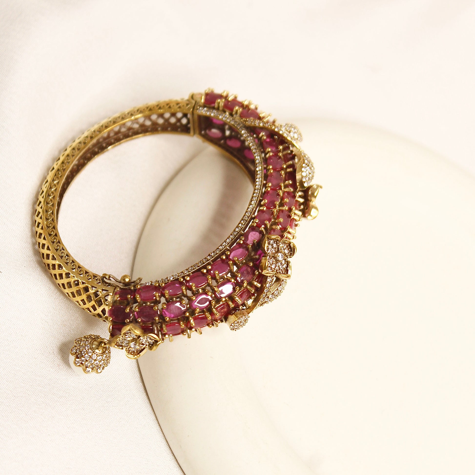 Ruby Pink Beaded Leaf Motif Layered Kada – product view 1