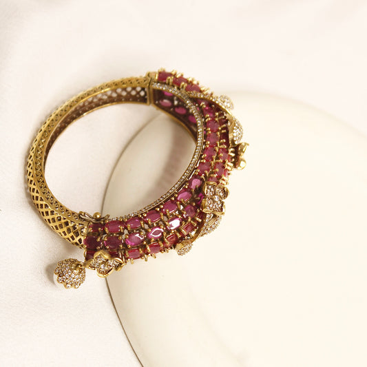 Ruby Pink Beaded Leaf Motif Layered Kada – product view 1